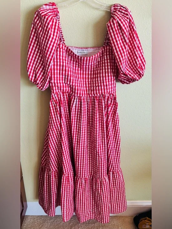 NWT Abercrombie & Fitch Emerson Red & White Checkered Puff Sleeve Long Dress: M - Picture 2 of 4